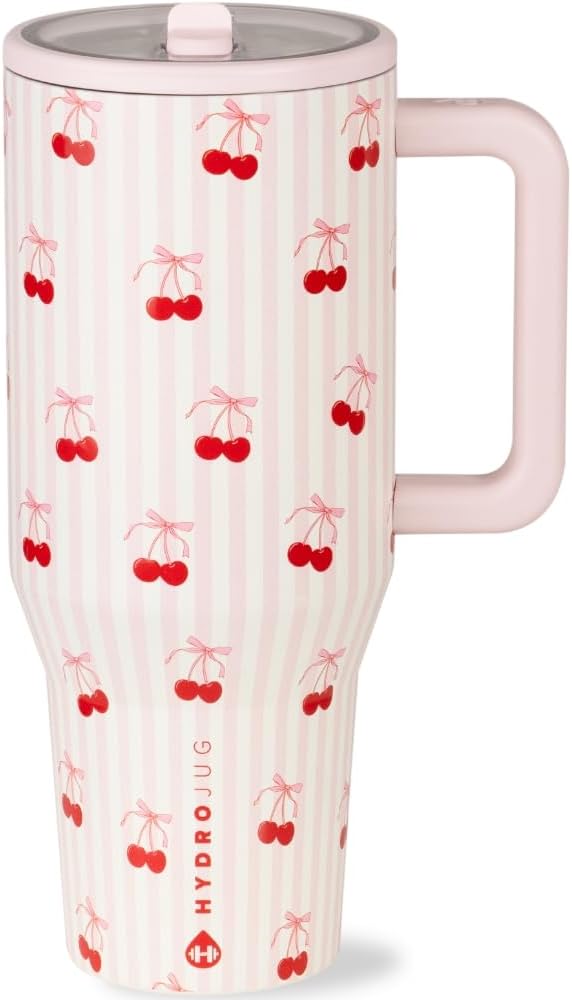 HydroJug Traveler - 40 oz Water Bottle with Handle & Flip Straw - Fits in Cup Holder, Leak Resistant Tumbler-Reusable Insulated Stainless Steel & Rubber Base - Gifts for Women & Men, Sweet Cherry