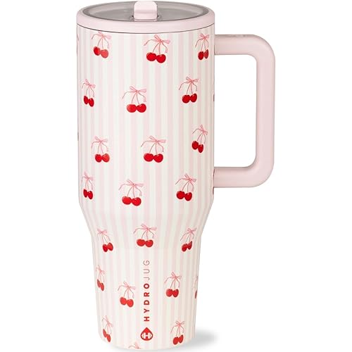 HydroJug Traveler - 32 oz Water Bottle with Handle & Flip Straw - Fits in Cup Holder, Leak Resistant Tumbler-Reusable Insulated Stainless Steel & Rubber Base - Gifts for Women & Men, Sweet Cherry