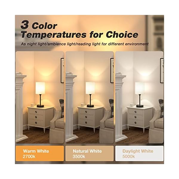 Small Bedside Table lamp for Bedroom - 3 Color Temperatures Bedside Lamps with USB C and A Ports, Pull Chain Table Lamps with AC Outlet, White Nightstand Lamps with Black Metal Base for Kids Reading - Image 3