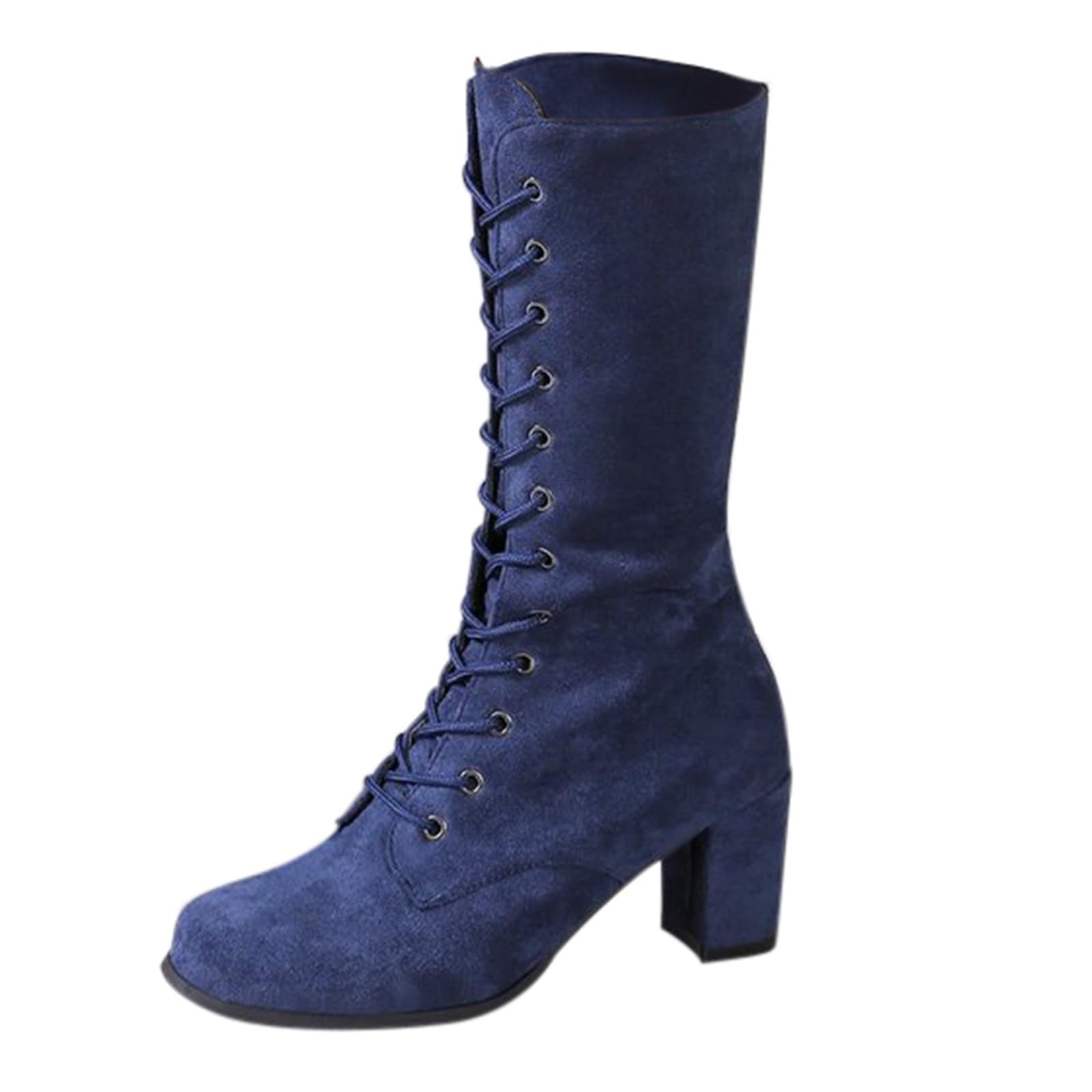 QixiuWomens Knee High Boots Walking Boots Large Size Solid Color Thick Heel  Mid Heel Round Toe Front Strap High Heel Mid Calf Boots Flat Wide Boots