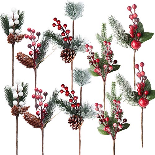 Chirstmas Flower Picks, SPWOLFRT 10 Pcs Christmas Red Berries/White Berries/Holly Leaves/Artificial Christmas Picks/Berry Stems Pine Branches for Winter Décor, Xmas Decorations (Multicolor A, 10)