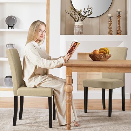 Image of Yaheetech Dining Chairs Set of 2 Fabric Upholstered Parson Kitchen Chairs with Padded Seat and Solid Wood Legs for Dining Room /Restaurant, Khaki