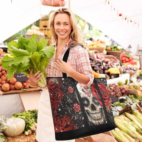 Skull Red Rose Gothic Large Insulated Tote Bag for Grocery Shopping Reusable Tote Bags for Women Men, Cooler Bag with Zippered Top & Handles for Beach Picnic Travel2