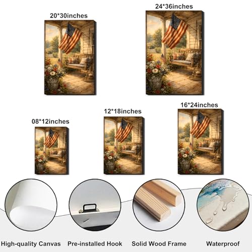 Image of RIBNTAK Patriotic Wall Art Canvas Prints Pictures, Rustic American Flag Porch Artwork Americana Farmhouse Independence Day Wall Decor for Living Room Bedroom, 4th of July Decorations for Home