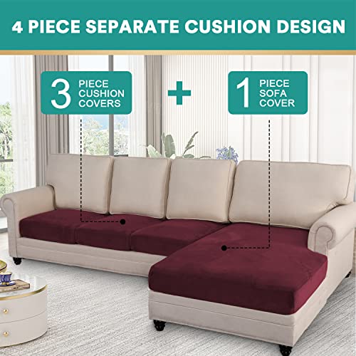 4 Pieces Velvet Sectional Couch Covers Stretch L Shape Sofa Cover Separate Cushion Couch Chaise Cover Sofa Slipcover Furniture Protector For Both Left/Right Sectional Couch (4 Seater, Wine Red) #TOP1