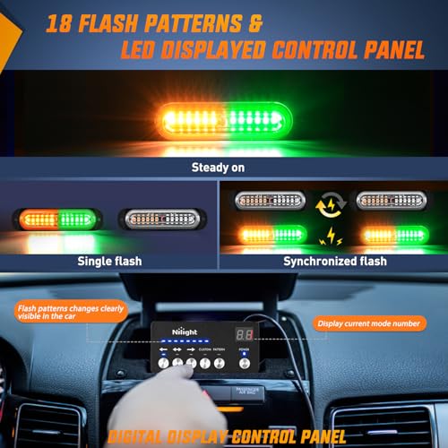 Image of Nilight 8PCS Led Strobe Lights with Controller 12V 24V Sync Amber Green | 12 LED Surface Mount Emergency Hazard Warning Lights with Strobe Controller for Vehicle Car Truck RV ATV