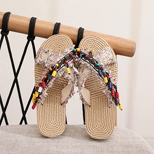 Pantufas infantis modernas de verão com fundo plano e fundo grosso leve estilo étnico bordado borla