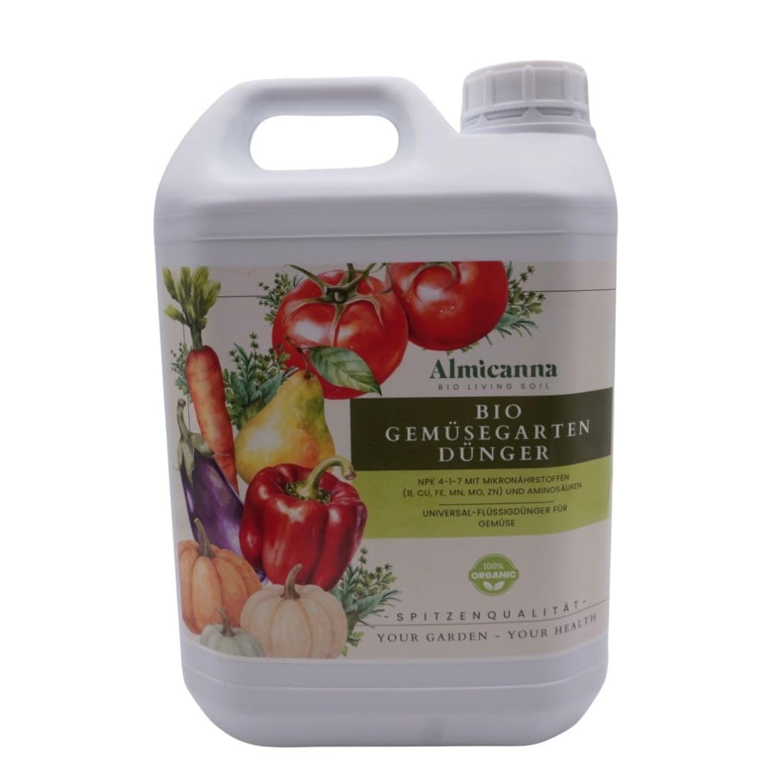 BIO GEMÜSEGARTEN DÜNGER FLÜSSIG 5L - NPK 4-1-7 mit Mikronährstoffen (B, Cu, Fe, Mn, Mo, Zn) und Aminosäuren - Universal-Flüssigdünger für Gemüse
