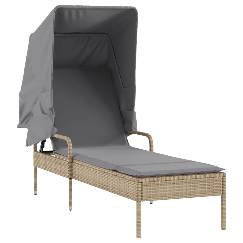 Tumbona con techo, color beige poli ratán 62 x 200 x 130 cm, respaldo ajustable, resistente a los rayos UV, incluye almohada, para jardín, terraza, piscina, silla de salón de gravedad cero al
