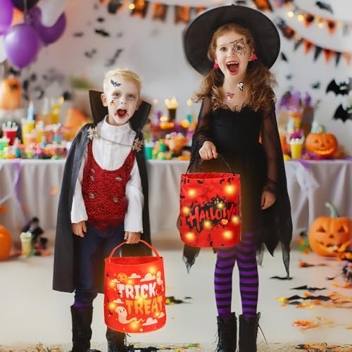 HuaMuDM 2 Stück Halloween Süßigkeiten Tasche,Halloween Eimer LED, Kürbis Candy Tüten, 6 Stück Leuchtende Aufkleber,Leuchtend Süßigkeiten Tasche,Geschenktasche,für Kinder Party