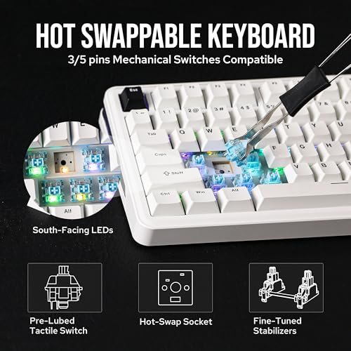 Image of EPOMAKER TH85 QMK /VIA Wireless Gaming Keyboard, BT5.0 /2.4GHz /USB-C, Hot Swappable Pre-lubed Custom Milk Blue Tactile Switches, Gasket Creamy Keyboard for PC /Mac /Office /Gaming (White)
