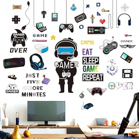 Amimagen Gamer Wall Stickers - Controller Eat Sleep Games Joystick Video Gaming Wall Decals - Boys Bedroom Playroom Baby Kids Room Wall Decor Cover