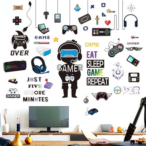 Amimagen Gamer Wall Stickers - Controller Eat Sleep Games Joystick Video Gaming Wall Decals - Boys Bedroom Playroom Baby Kids Room Wall Decor