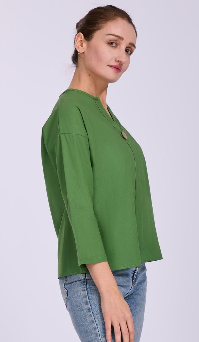 Women's V-Neck Cotton Linen Shirt Top 3/4 Roll-Up Sleeve Summer Casual Loose Solid Blouses Tunic Tops with Button - Image 5