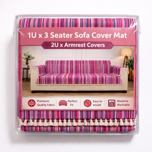 Image of Gifts Island 3 Seater Cotton Sofa Cover Mat | Anti Slip Sofa Cover Throw | All Over Furniture Protector with Elastic Straps | Washable Couch Cover for Living Room (Pink, 3 Seater)