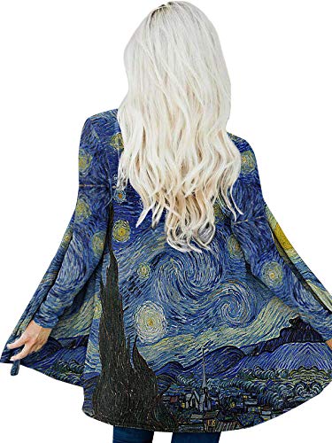 Oil Painting Van Gogh's Starry Sky Long Cardigans for Women Loose Casual Long Sleeved Light Weight Open Front Cardigans (Blue, M)