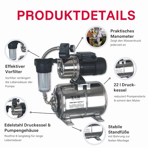 T.I.P. Hauswasserwerk HWW INOX 1300 Plus F – Edelstahl Druckkessel, 1200W, selbstansaugende...