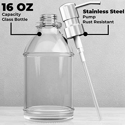 Gladpure Soap Dispenser 2 Pack, Hand Soap Dispensers With 16 Oz Clear Thick Glass Boston Round Bottle, 304 Rust Proof Stainless Steel Pump, 6Pcs Stickers, Kitchen & Bathroom Soap Dispenser- Silver #TOP1