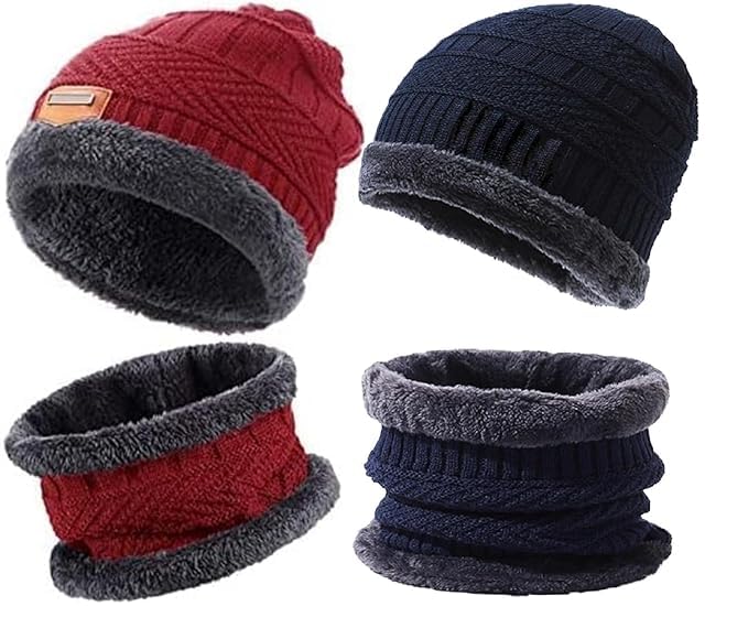 Winter Woolen Beanie Cap & Neck Warmer Combo with Soft Inner Fur | Warm Skull Cap & Muffler Set for Men & Women | Air-Proof, Ear Protection, Cozy Winter Hat Scarf Combo( Red and Navy Blue) pack -2-image-35