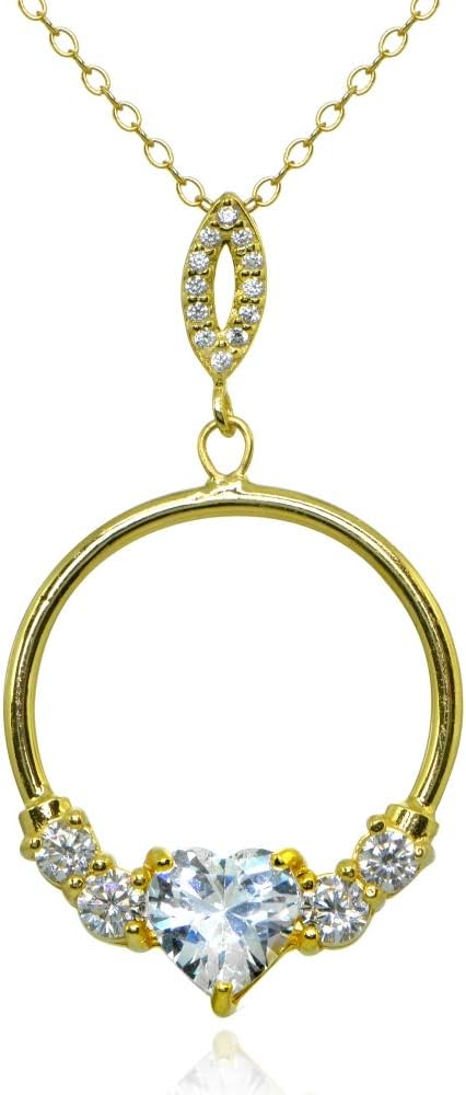 Hoops & Loops Sterling Silver Cubic Zirconia Heart Open Circle Dangle Drop Pendant Necklace