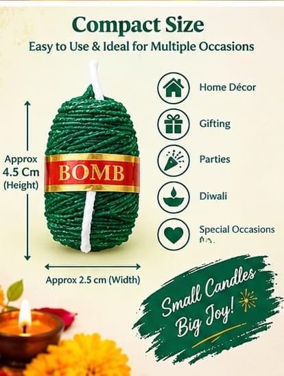 Image of Sutli Bomb Shaped Decorative Candles for Diwali Decoration (Pack of 6) | Festive Green Cracker Design Wax Candles | Home Decor, Pooja, Diwali Gift, Party & Festival Decoration