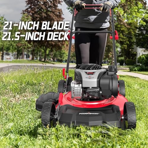 Image of PowerSmart 21-Inch 3-in-1 Gas Push Lawn Mower - 140cc 4-Stroke OHV Engine, 6 Height Adjustments, 1.4 Bushel Grass Catcher