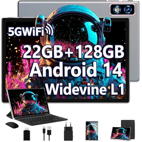 2025 Newest Android 14 Tablet 10 Pulgadas, 22GB RAM+128GB ROM/TF 2TB ,GPS ,5G+2.4G WiFi,Octa-Core 2.0GHz,8000mAh | Cuerpo Metálico | Widevine L1 | GMS Tablet 2 en 1 con Teclado, Funda y Ratón - Gris