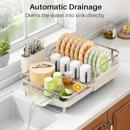 Image of SAYZH Dish Drying Rack - Expandable Dish Rack for Kitchen Counter, Rust-Resistant Dish Drainer with Utensil Holder and Raised Guardrail, Kitchen Organizer for Cup and Bottle (Beige)