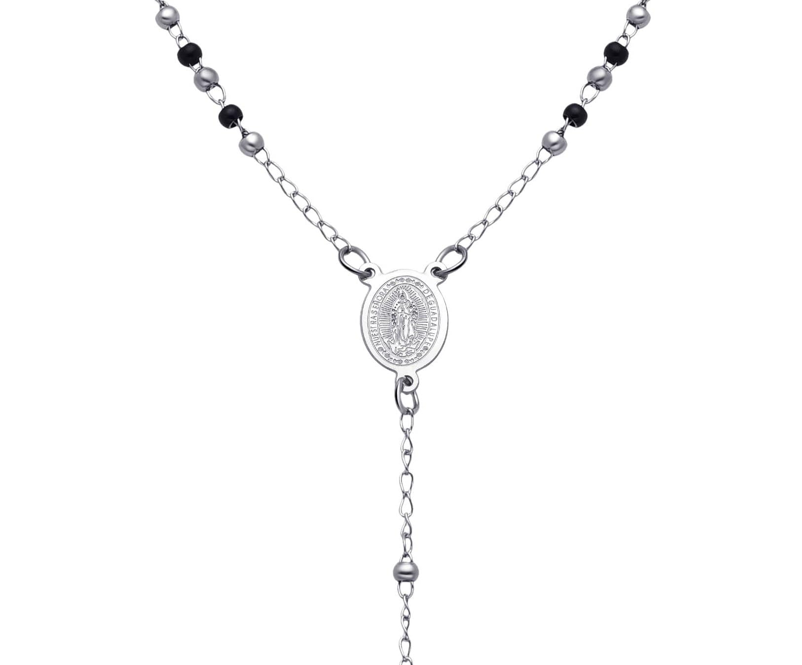 Dada Gioielli - Collana Rosario Uomo Donna Sfere Acciaio Argentato e Nero. Rosario moderno con medaglietta Madonna Miracolosa e croce