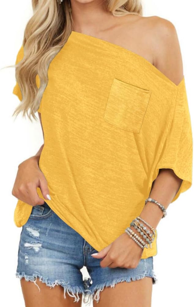 REVETRO Off the Shoulder Tops for Women Summer Sexy Short Sleeve Shirt Casual Batwing Blouse Oversized T Shirt Tunic Top