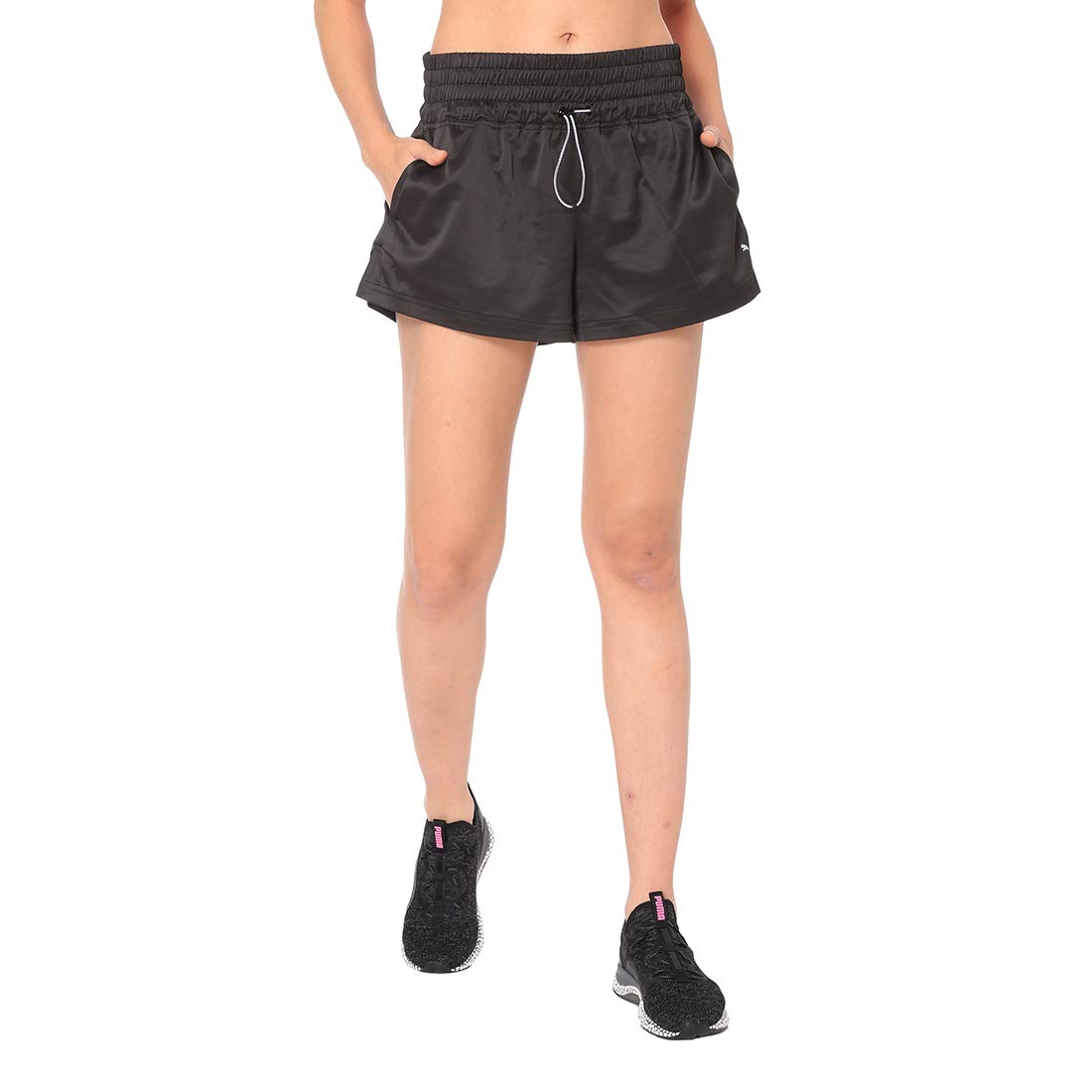 Close-up of the elastic waistband and drawstring of the PUMA shorts