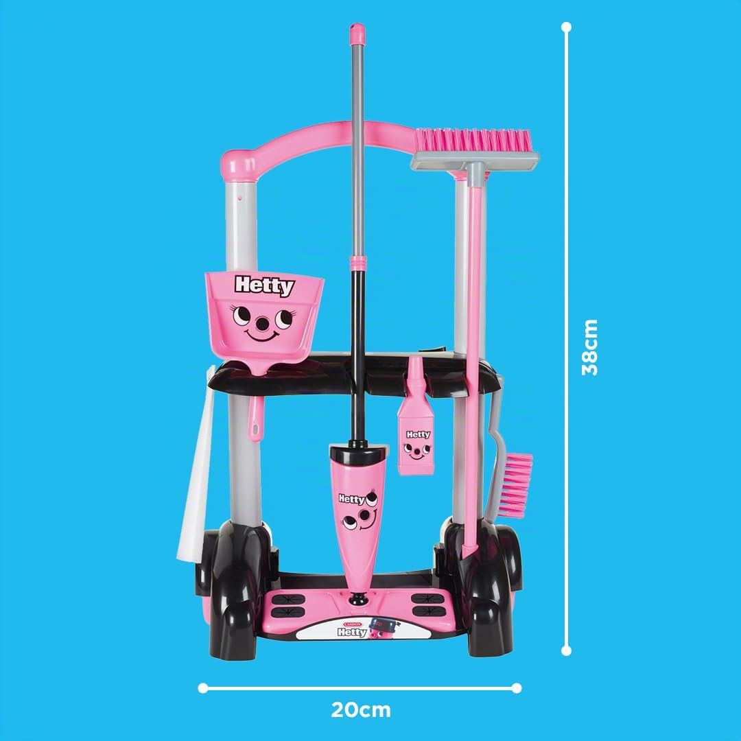 Casdon Giocattoli Henry & Hetty - Carrello per le pulizie Hetty - Set rosa ispirato a Hetty con scopa, spazzole, paletta e accessori - Carrello per le pulizie per bambini - Età: 3+ anni