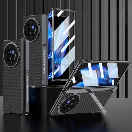 COQUE Vivo X Fold3 Pro Case,Slim Leather Cover with Phone Kickstand and Magnetic Hinge Protection,Tempered Film Weaving Shell for Vivo X Fold3 Pro-Carbon fiber