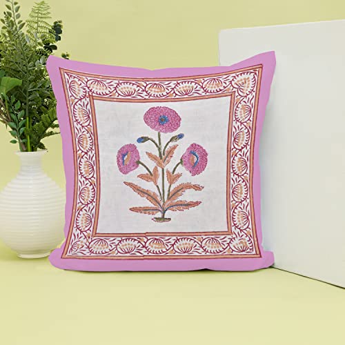 Image of BLOCKS OF INDIA Hand Block Printed Cotton Linen Cushion Cover (16 X 16 Inches) (Brown Purple Motifs), 250 TC