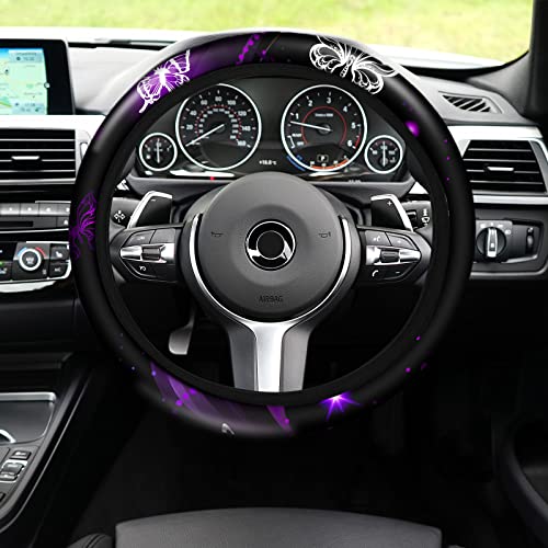 Frienda 15 Pcs Butterfly Car Seat Covers Full Set Butterfly Front Rear Seat Covers Steering Wheel Cover Wrist Strap Coasters Armrest Shoulder Pads (Purple Glitter Butterfly Style) - Image 4