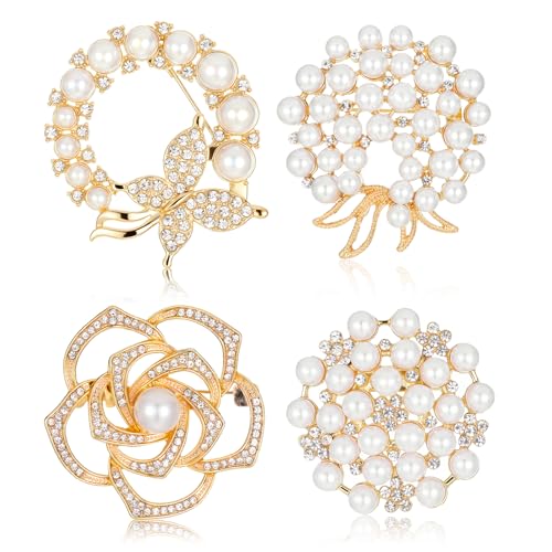 4 PCS Brooches and Pins for Women Crystal Flower Pearl Brooch Fashion Elegant Flower Broach for Wedding Clothing Accessory Christmas Gift