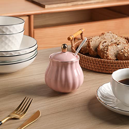 Sweejar Royal Ceramic Sugar Bowl, 8 Ounce Sugar Container With Spoon And Lid, Porcelain Salt Bowl Salt Container, Sugar Holder For Coffee Bar, Home And Kitchen(Pink) #TOP2