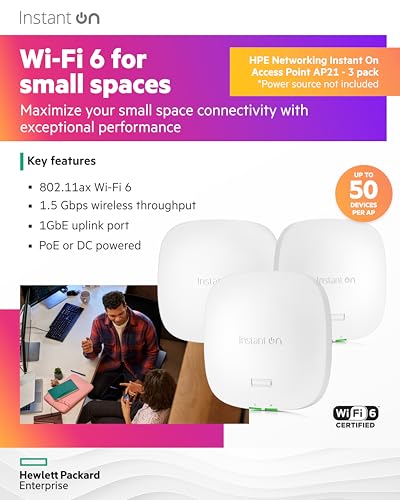 Image of HPE Networking Instant On Access Point AP21 2x2 WiFi 6 Indoor Wireless Access Point (3 Pack) | Single-Room, Secure, Smart Mesh Support | Power Source Not Included | US Model (S1T08A-3PACK)