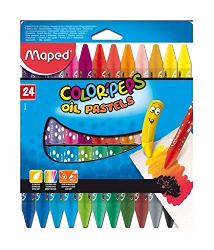 Maped - Pastels à l’Huile - 24 Craies de Coloriage - Extra-Doux et Format Maxi pour les Petites Mains - Couleurs Vives - Grande Pochette Carton