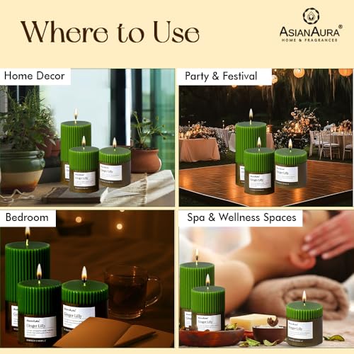 Image of ASIAN AURA Ribbed Pillar Candles - Pack of 3 | Scented Candles for Home Decor, Gifting & Festive Use | Long Burn time up to 36hrs | Clean-Burning Wax & Smokeless Flame (Ginger Lilly)