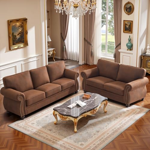 Image of Couchus 88 inch W Sofa Couches with Nailhead Trim, Mid-Century Vintage Faux Leather 3-Seater Sofa, Upholstered Couch for Living Room (Caramel Rust, 3-Seater)