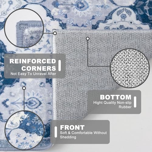KILOCOCO 2x6 Runner Rug, Moroccan Super Soft Washable Hallway Entryway Runner Rug, Accent Print Faux Wool Kitchen Runner Rug 6 Feet Non-Slip Boho Rug Runner for Laundry Room Bedroom, Blue/Grey/Multi