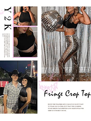 Womens Western Sparkly Fringe Sleeveless Crop Tops Cowgirl Going Out Cropped Tank Tops with Glitter Tassel4