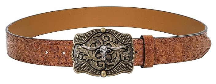 Image of UTOWO Western PU-Leather Cowboy Buckle Belt for Men and Women Jeans Engraved Floral Longhorn Bull Buckle Belt (25-38 inch waist)