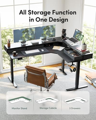Image of FEZIBO L-Shaped Electric Standing Desk, 63 x 48 Inches Height Adjustable, Reversible Tabletop, Corner Desk with Drawers, Ergonomic Computer Table, Black Top