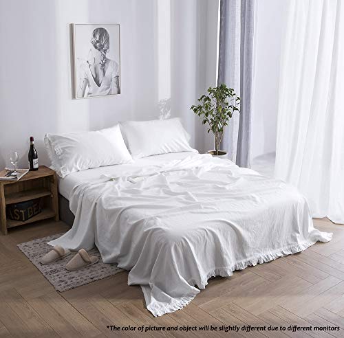 Simple&Opulence Belgian Linen Sheet Set with Ruffles - 4 Pieces (1 Flat Sheet & 1 Fitted Sheet & 2 Pillowcases) Natural Flax Cotton Blend Soft Bedding Breathable Farmhouse - White, Queen Size - Thumbnail 7