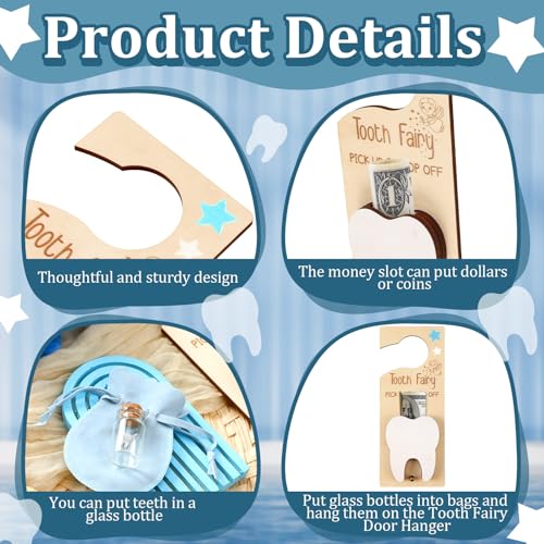 Image of DoubleFill Fairy Tooth Gift Holder Bag Door Hanger Lost Teeth Keepsake Box Tooth Fairy Kit Stores Back to School Gift for Lost Teeth Boy Girl Primary School Classroom Gifts(Classic,Blue)