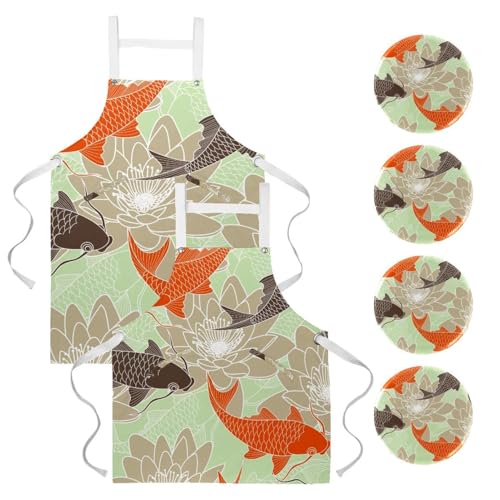 Tablier de cuisine lot de 2 imprimé étang de lotus pour partager de doux moments