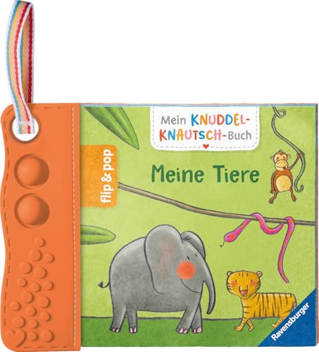 Mein Knuddel-Knautsch-Buch: flip&pop. Meine Tiere (mit Pop-it Beißleiste); weiches Stoffbuch, waschmaschinengeeignet, Badebuch, Babyspielzug ab 0 Monate, Sensorik Spielzeug aus Silikon
