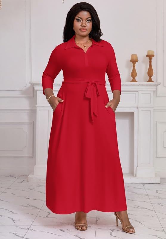 Maxi Dresses for Women Casual V Neck 3/4 Sleeve Long Church Dress Semi Formal Outfits with Pockets - Image 5